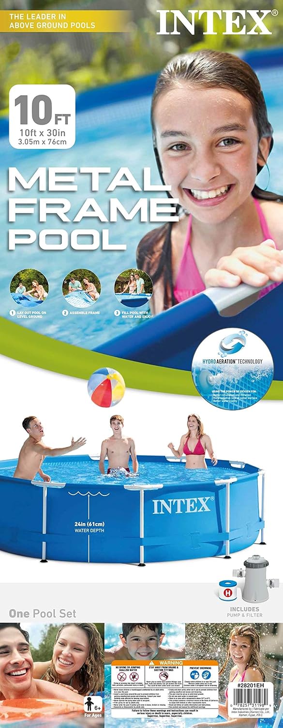 Intex 4 Person Metal Frame Outdoor Above Ground Pool Set with Drain Plug, Filter Pump, and 6 Type H Replacement Filter Cartridges, Blue