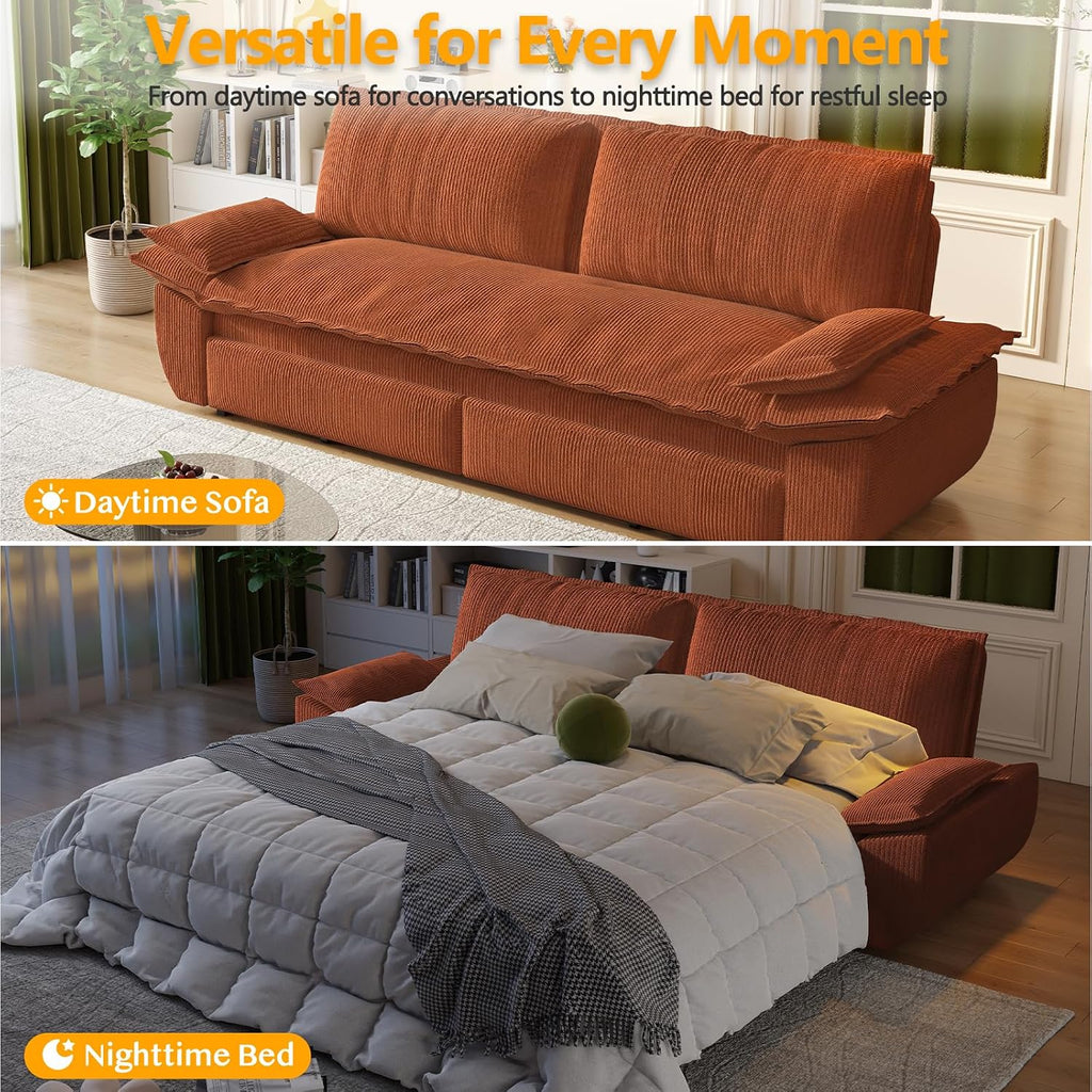 73.2' Sofa Bed Queen Size, Pull Out Couch Bed, 3-in-1 Convertible Sleeper Sofa with Cushion Armrest, Modern Corduroy Futon Couch for Living Room, Small Space, Apartment, Bedroom, Orange