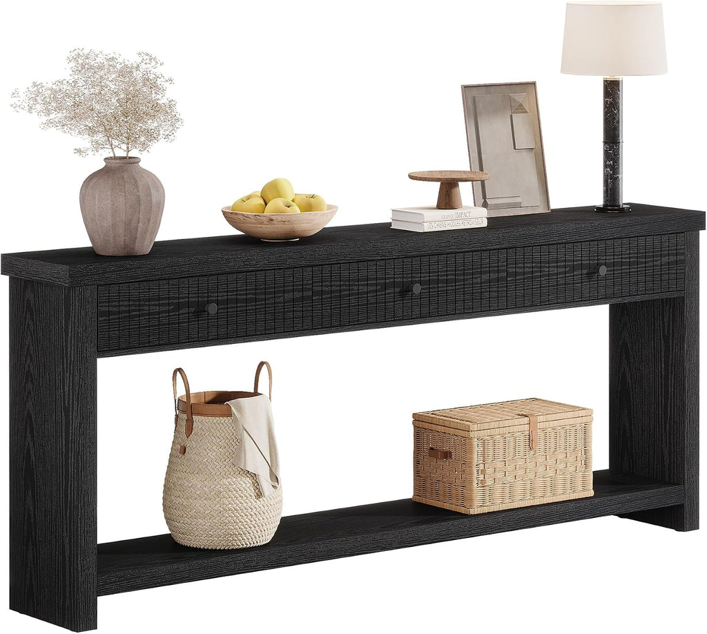 Tribesigns 70.9-Inch Extra Long Entryway Table with 3 Drawers, Sofa Console Table with Open Storage Shelves, Wooden Couch Foyer Tables for Living Room Hallway Entrance, Black