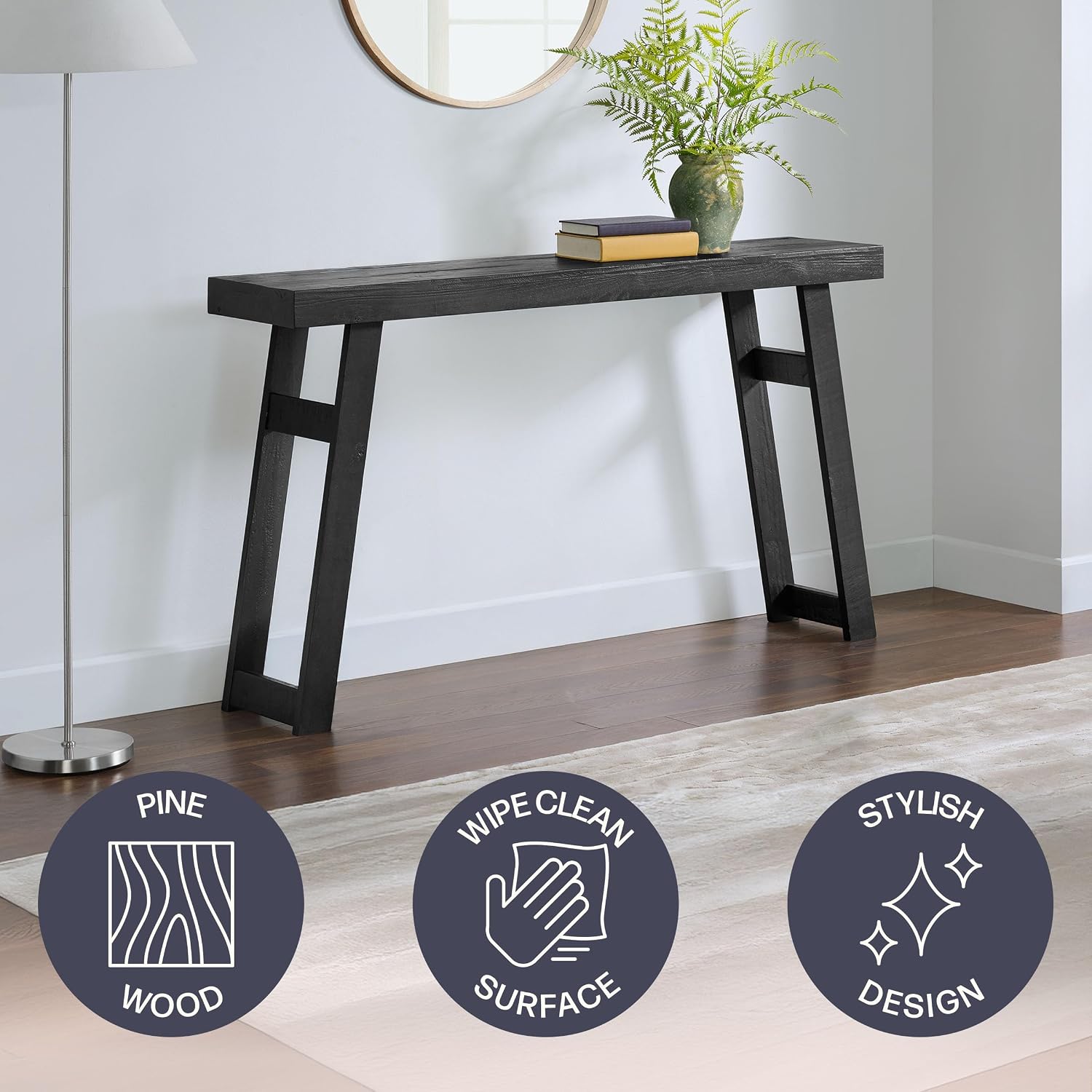 Alaterre Furniture Lawas Solid Wood Console Table - 56 Inch Modern Farmhouse Entryway Table - Easy Assembly Living Room Furniture for Behind The Couch, Entryway, or Hallway (Black)