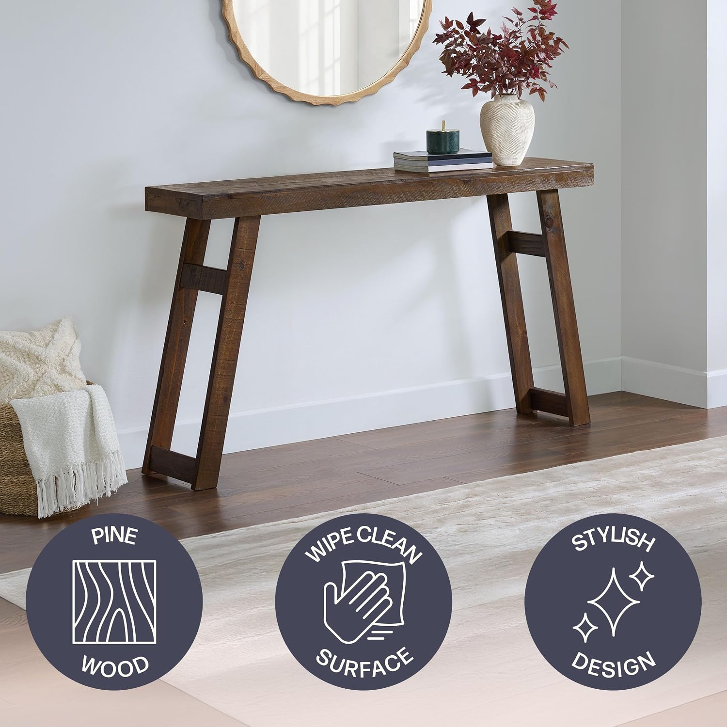 Alaterre Furniture Lawas Solid Wood Console Table - 56 Inch Modern Farmhouse Entryway Table - Easy Assembly Living Room Furniture for Behind The Couch, Entryway, or Hallway (Brown)