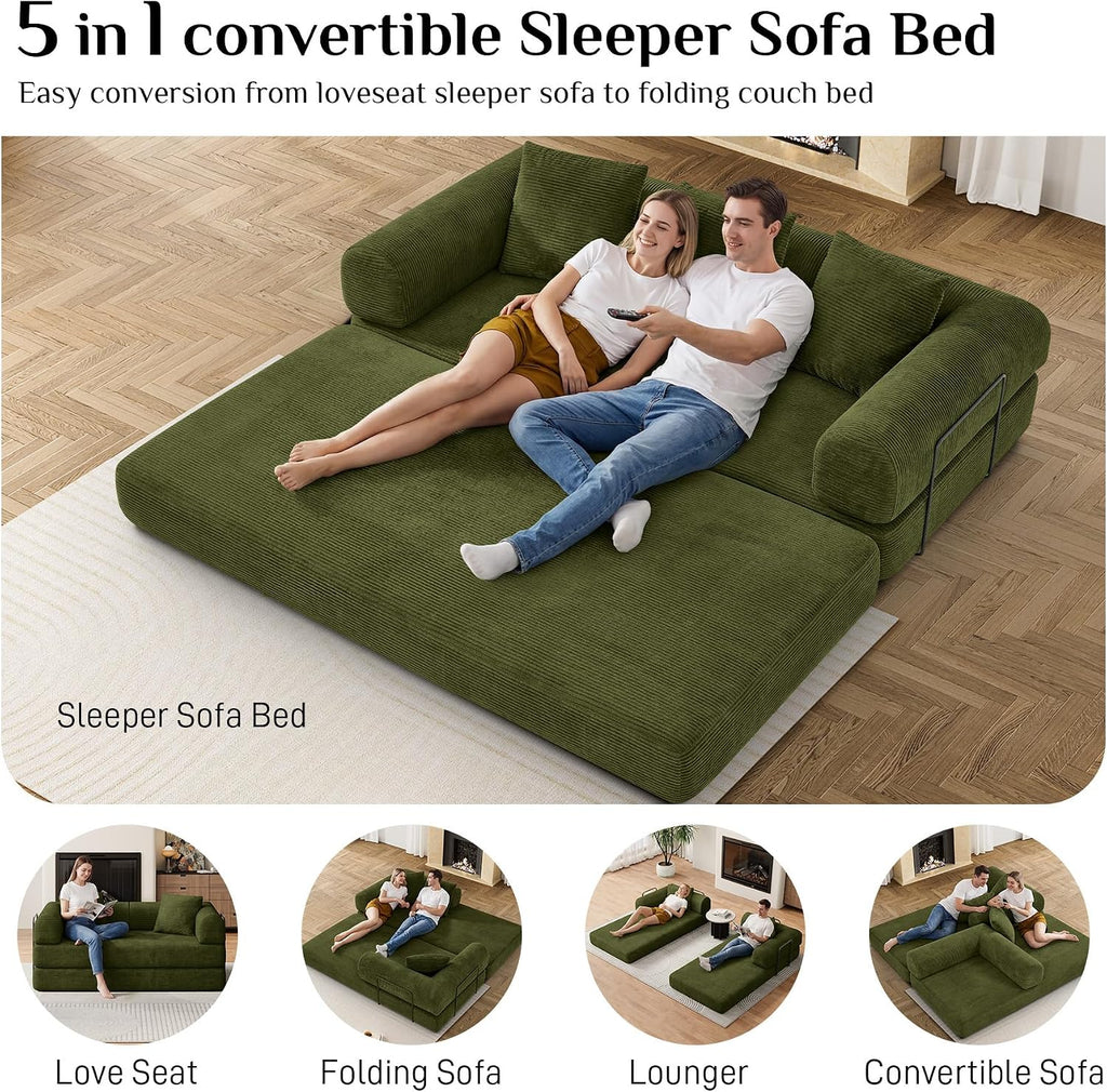 DAMAIFROM Convertible Sleeper Sofa Bed with Cylindrical Pillow,Corduroy Folding Mattress Couch with Fixed-Shape Frame,Modular Floor Sofa Lounge Couch for Living Room Bedroom Lounge,80',Olive Green
