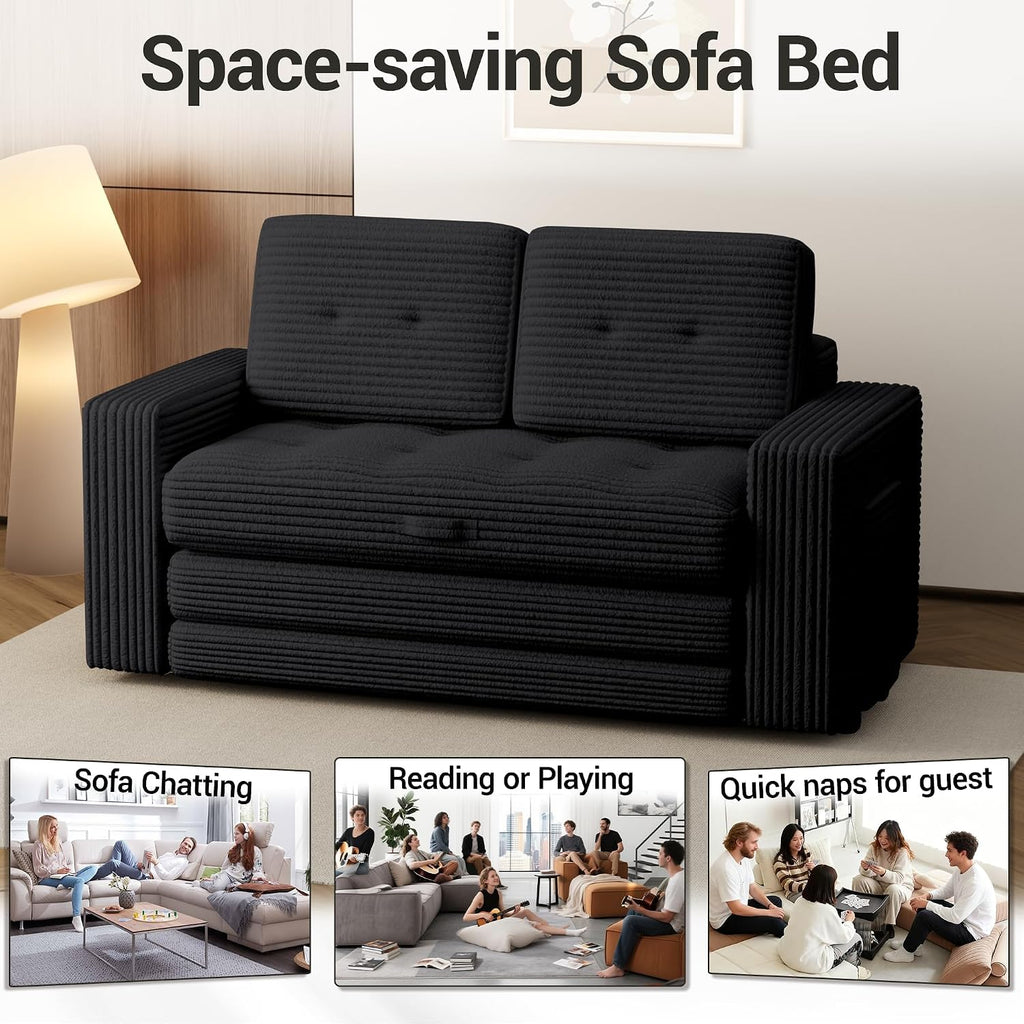 2 in 1 Convertible Sofa Bed, Pull Out Loveseat Boneless Couch, Sleeper Sofabed, Folding Couch Bed with Pillow for Living Room Bedroom, Black | Pull Out Loveseat, Boneless Couch, Sleeper Sofabed, Folding Couch Bed, With Pillow, Living Room Bedroom