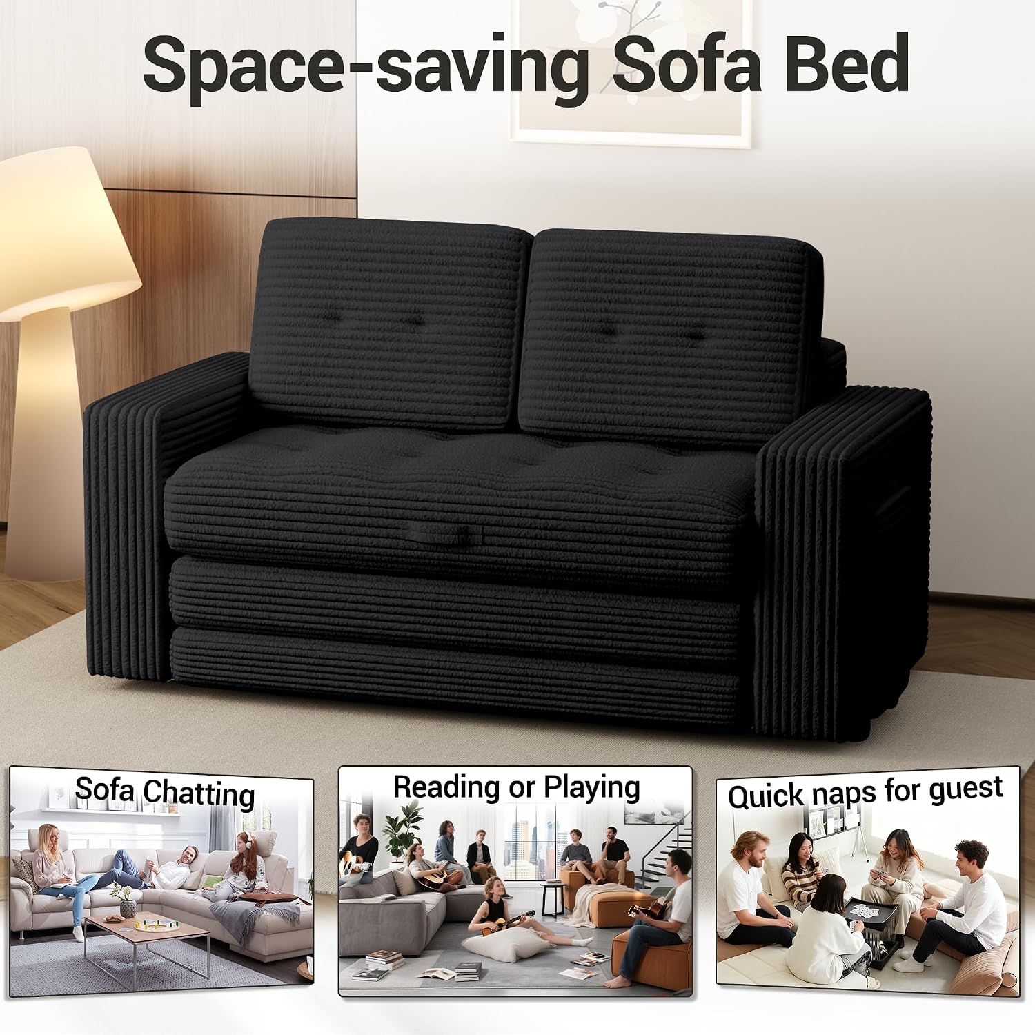 2 in 1 Convertible Sofa Bed, Pull Out Loveseat Boneless Couch, Sleeper Sofabed, Folding Couch Bed with Pillow for Living Room Bedroom, Black | Pull Out Loveseat, Boneless Couch, Sleeper Sofabed, Folding Couch Bed, With Pillow, Living Room Bedroom