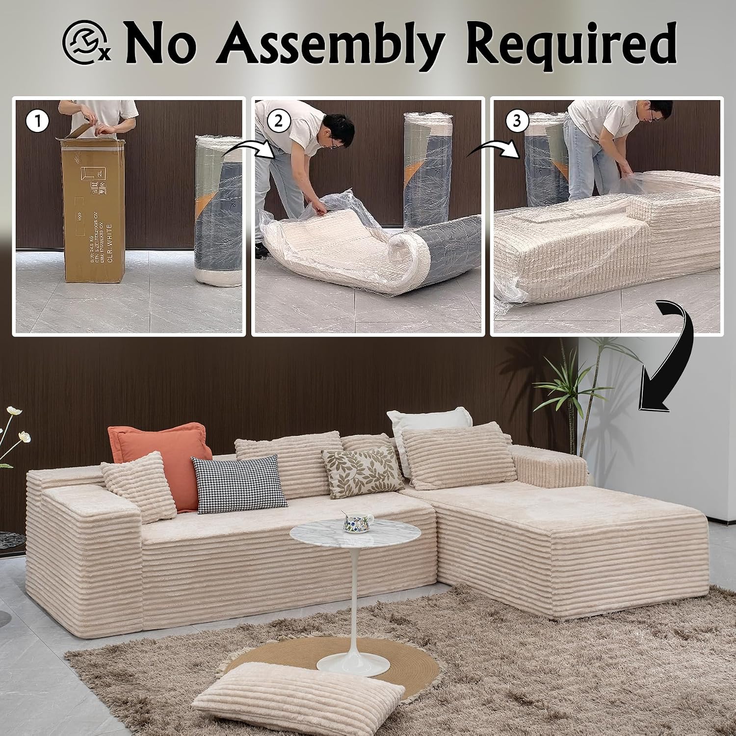 Sectional couches for Living Room Corduroy Couch, 104' Cloud Sectional Couch with L-Shape Chaise, Modern Modular Sofa, Deep Seat Comfort, No Assembly Required(Plush Corduroy, Right Facing Chaise)