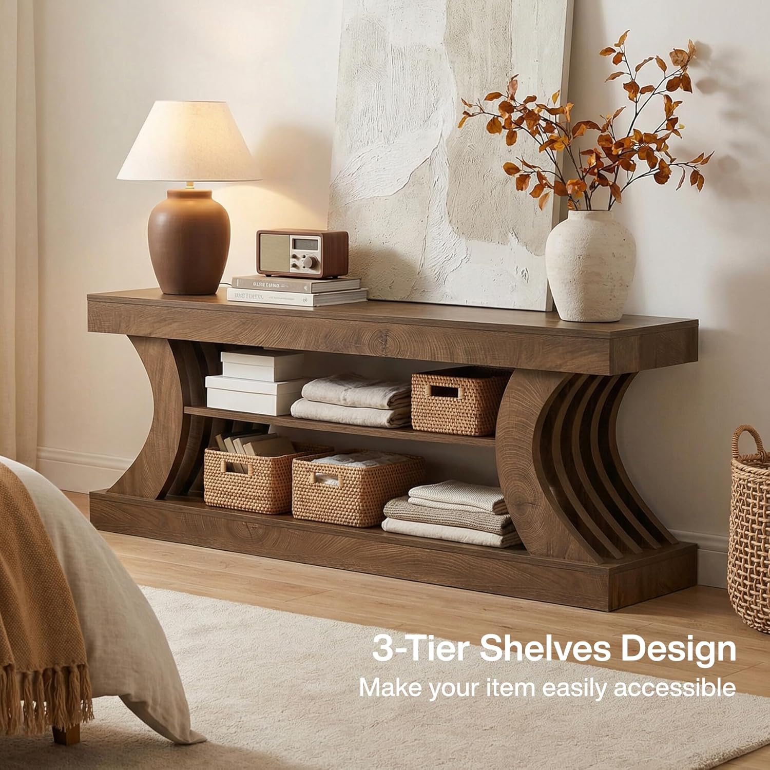 Tribesigns 63-Inch Farmhouse Entryway Console Table with Storage, TV Console with Curved Design for Living Room, Bedroom, Brown (Brown, 15.75' D x 63' W x 23.6' H)