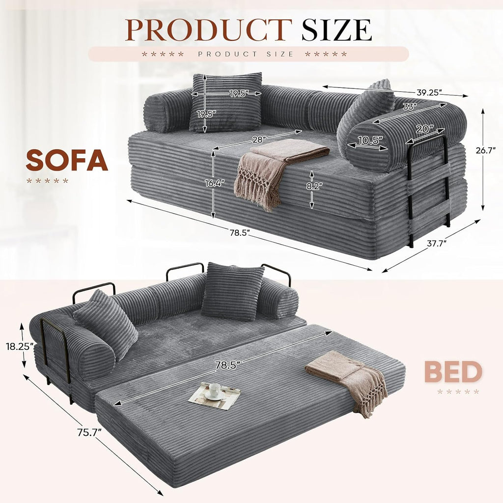 Antetek Modular Couch Bed, Convertible Folding Plush Corduroy Comfy Floor Compression Loveseat Sleeper Sofa Couch, King Size Bed for Guest Room Living Room Bedroom, No Assembly Required, Light Grey