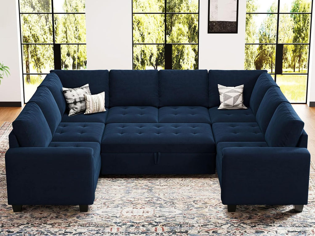 Belffin Modular U Shaped Sectional Sleeper Sofa with Pull Out Couch Bed Velvet Blue Couch