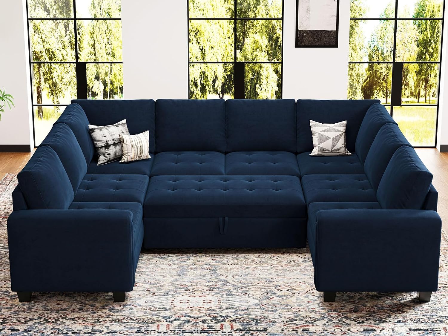 Belffin Modular U Shaped Sectional Sleeper Sofa with Pull Out Couch Bed Velvet Blue Couch