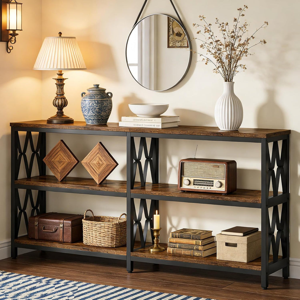 Tribesigns 71' Long Sofa Table with Storage Shelves, Industrial 3-Tier Console Table for Living Room, Entryway Table for Hallway, Front Door, Entrance, Foyer, Rustic Brown & Black