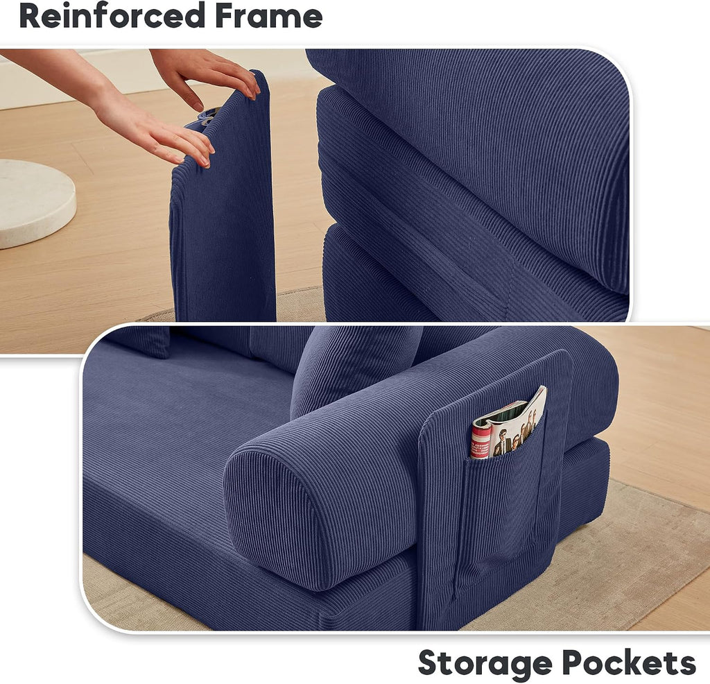 Modular L Shaped Sofa Bed with Cylindrical Pillow & Reversible Chaise, Corduroy Convertible Floor Boneless Sofa Couch Bed with Fixed-Shape Frame & Storage Pocket for Living Room, Blue