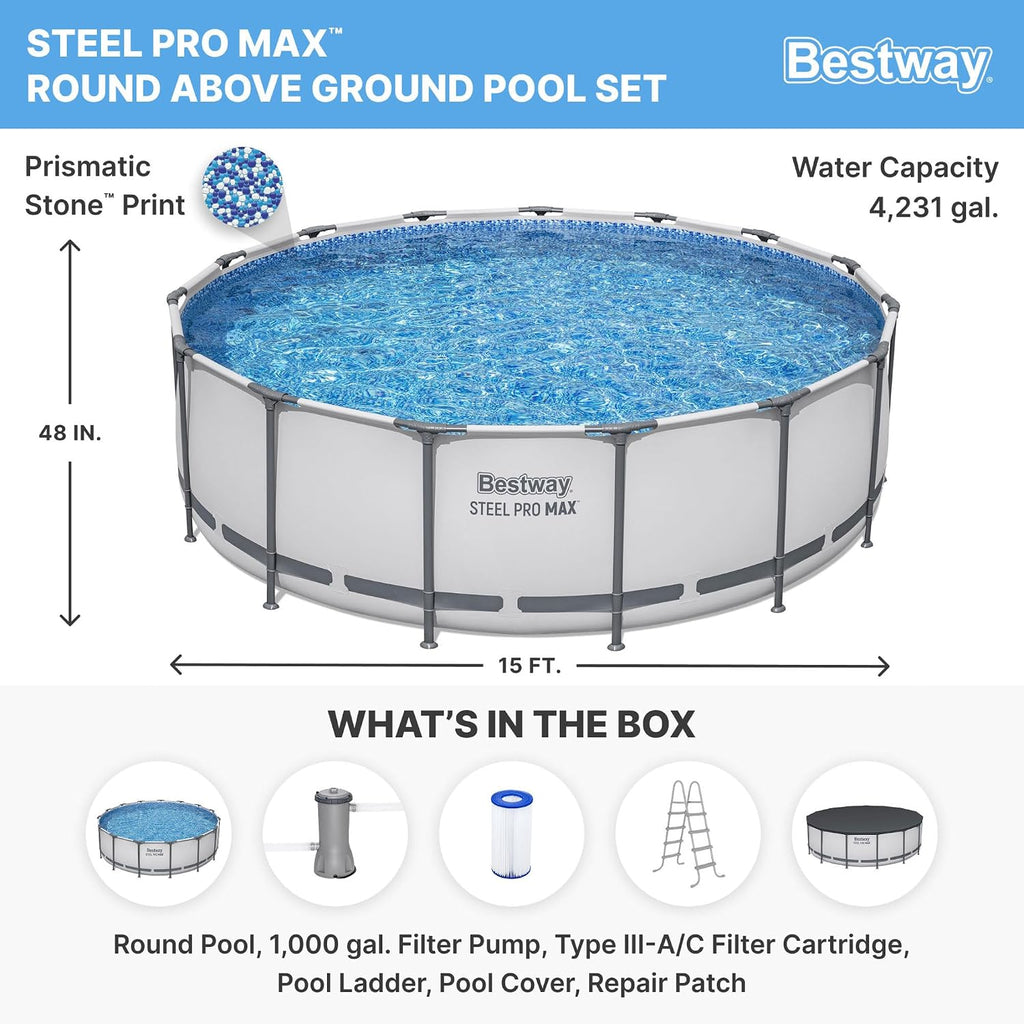 Bestway Steel Pro MAX 15' x 48' Above Ground Pool, Round Metal Frame Outdoor Swimming Pool Set with Filter Pump, Ladder, and Cover, Gray
