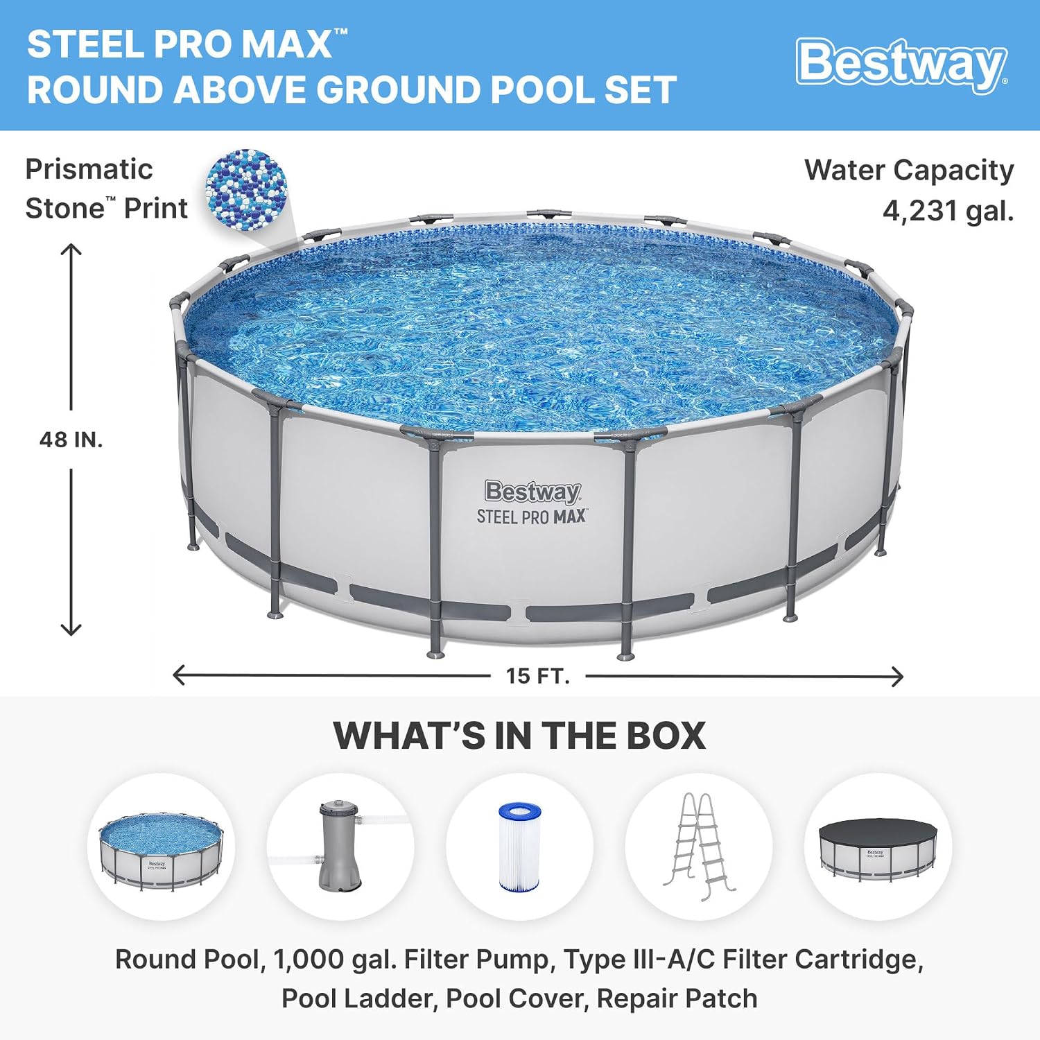 Bestway Steel Pro MAX 15' x 48' Above Ground Pool, Round Metal Frame Outdoor Swimming Pool Set with Filter Pump, Ladder, and Cover, Gray