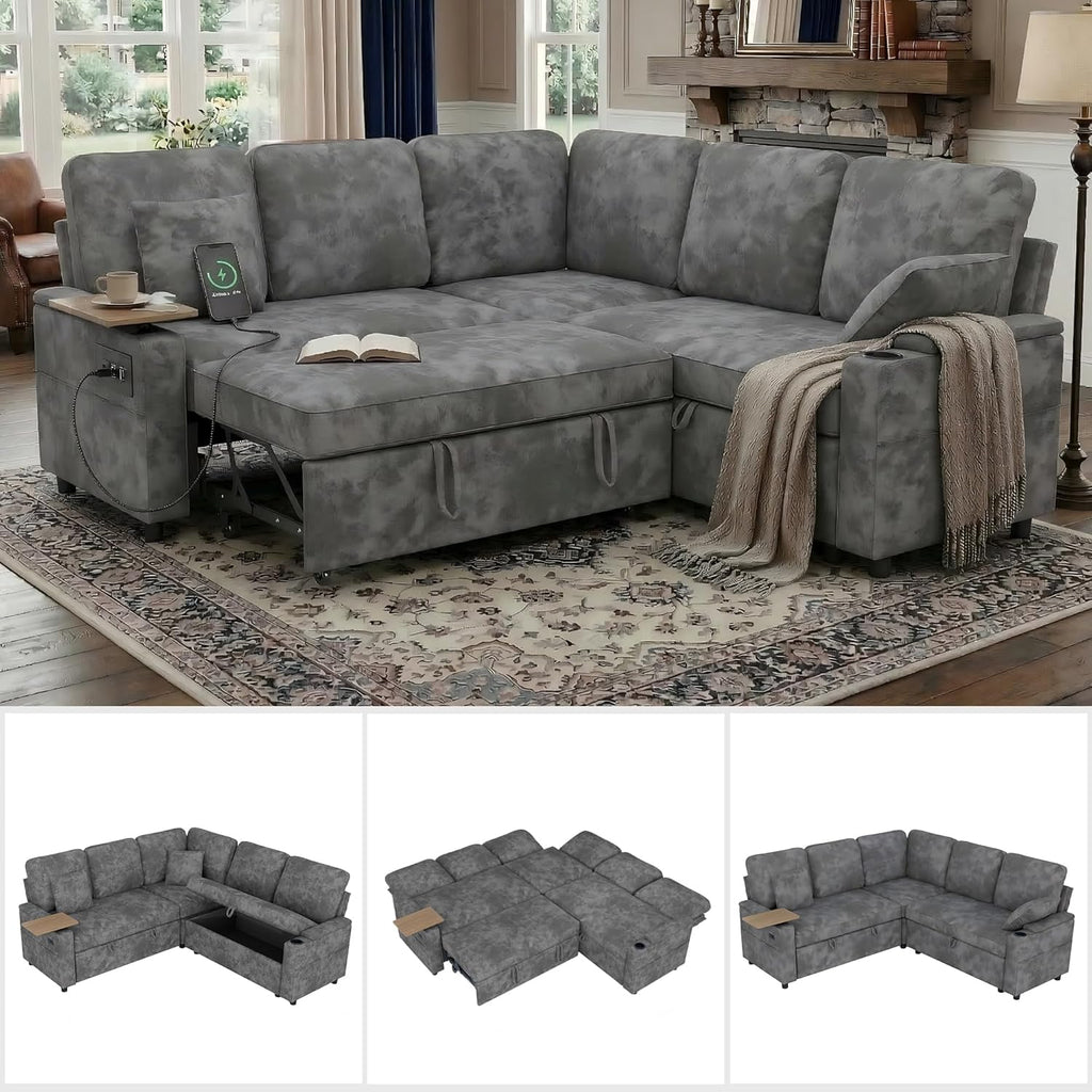 81' Modular Sectional Sofa, L Shaped 5-Seater Sleeper Sofa with Pull Out Bed, Hidden Storage, Cup Holders & USB Charging Ports, Sectional Couches for Living Room, Chenille, Grey