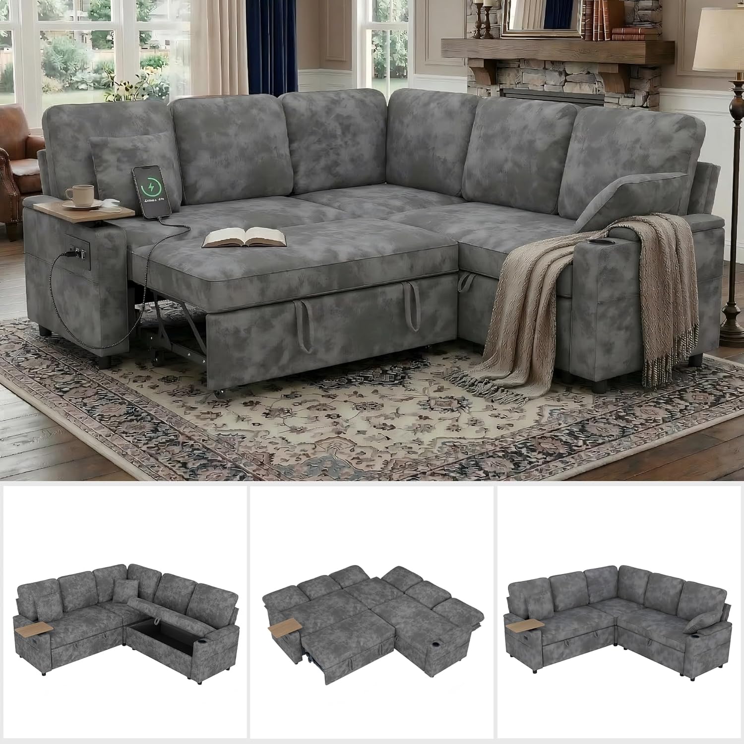 81' Modular Sectional Sofa, L Shaped 5-Seater Sleeper Sofa with Pull Out Bed, Hidden Storage, Cup Holders & USB Charging Ports, Sectional Couches for Living Room, Chenille, Grey