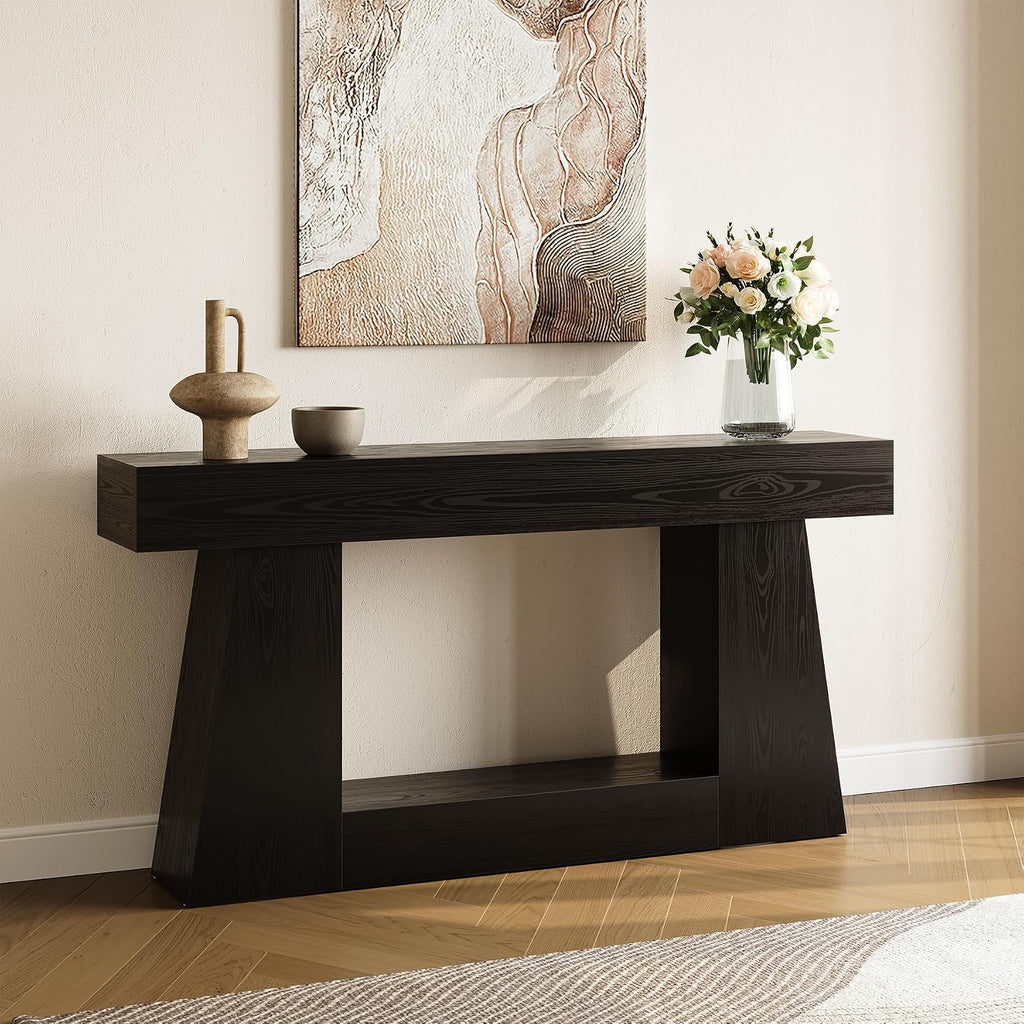 LITTLE TREE 63' Farmhouse Console Table with Storage, Rustic Sofa Table for Entryway, Narrow Long Sofa Table Behind Couch, Console Table for Living Room, Hallway—Versatile Storage Solution, Black