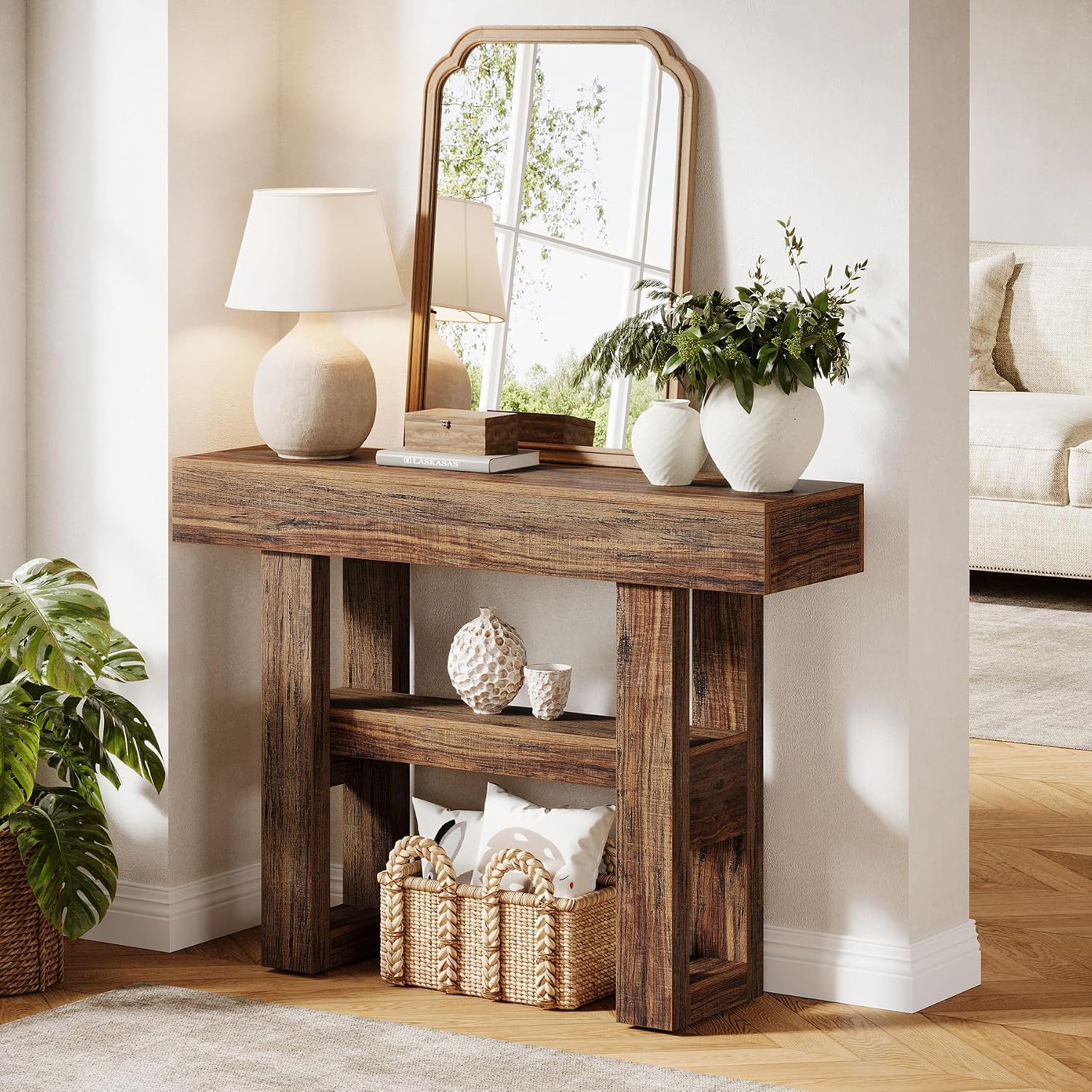 Tribesigns 41.34-Inch Farmhouse Console Table, 2-Tier Narrow Sofa Table Behind The Couch, Entryway Furniture with Storage Shelves for Hallway Foyer Living Room, Rustic Brown