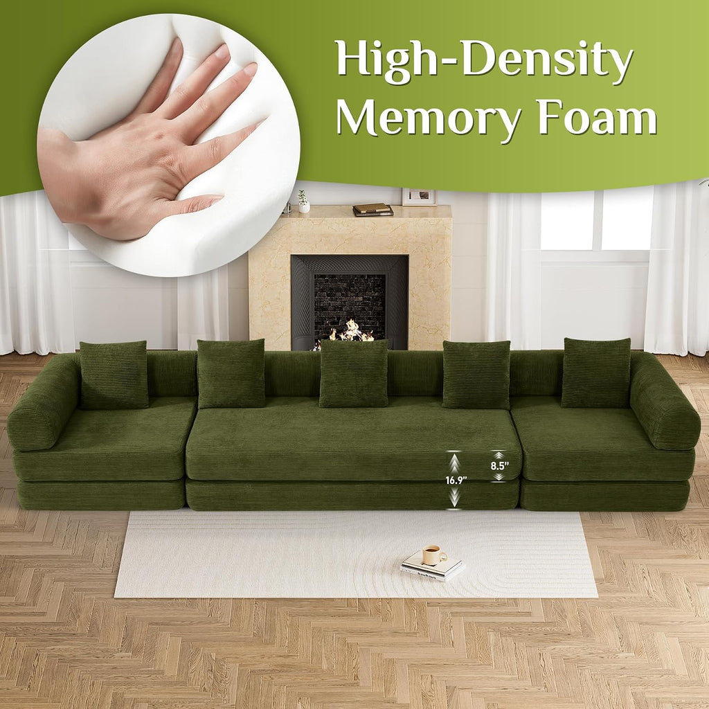DAMAIFROM Convertible Sleeper Sofa Bed with Cylindrical Pillow,Corduroy Folding Mattress Couch with Fixed-Shape Frame,Modular Floor Sofa Lounge Couch for Living Room Bedroom Lounge,158.6',Olive Green