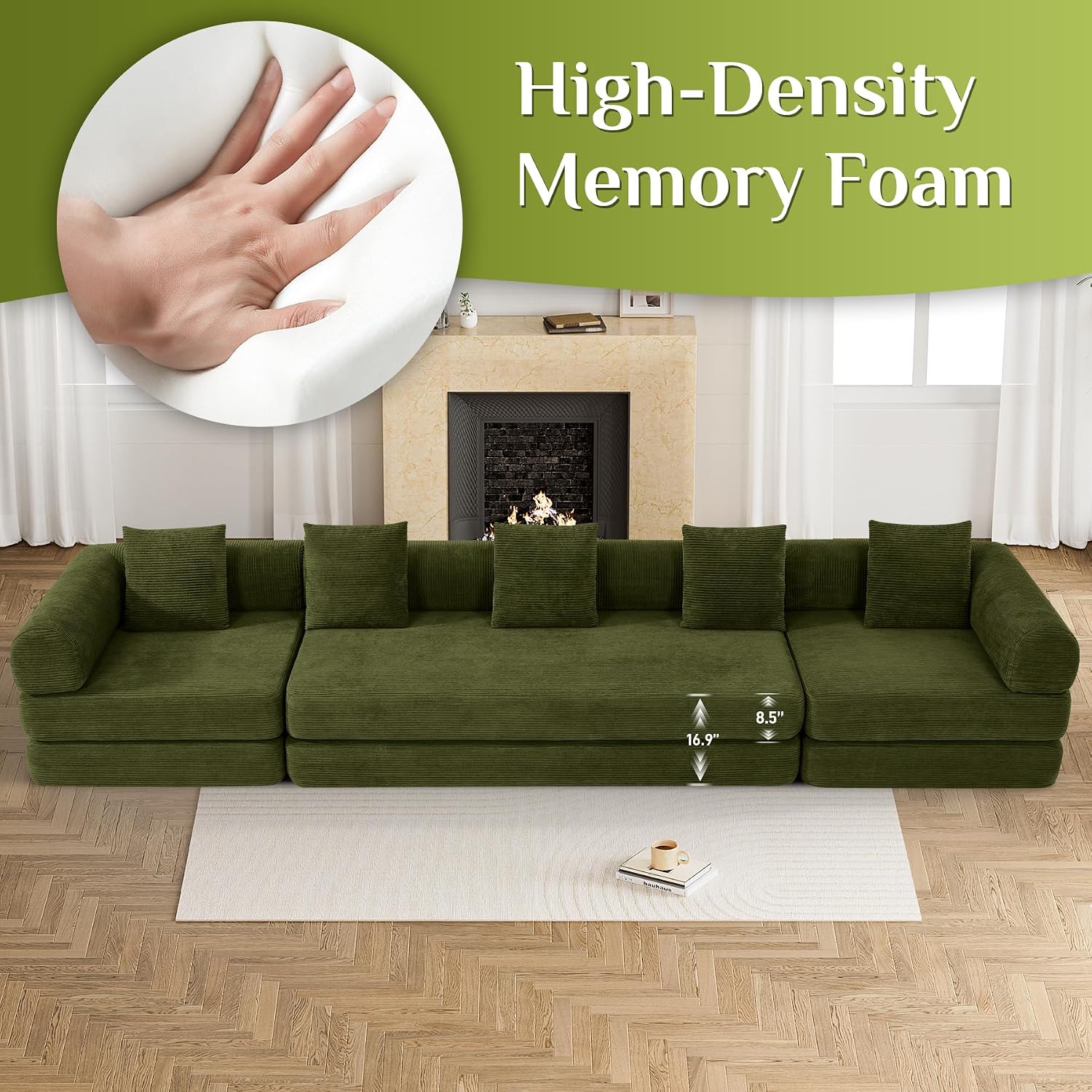 DAMAIFROM Convertible Sleeper Sofa Bed with Cylindrical Pillow,Corduroy Folding Mattress Couch with Fixed-Shape Frame,Modular Floor Sofa Lounge Couch for Living Room Bedroom Lounge,158.6',Olive Green