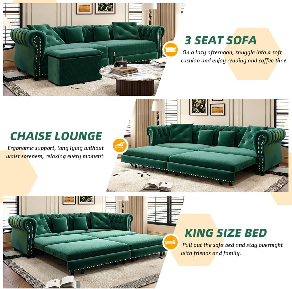 KEIKI King Size Convertible Chesterfield Sofa Bed, 89' Velvet Couch with Ottoman, Tufted Design, 3-in-1 Sleeper Sofa for Living Room, Bedroom, or Office, Green