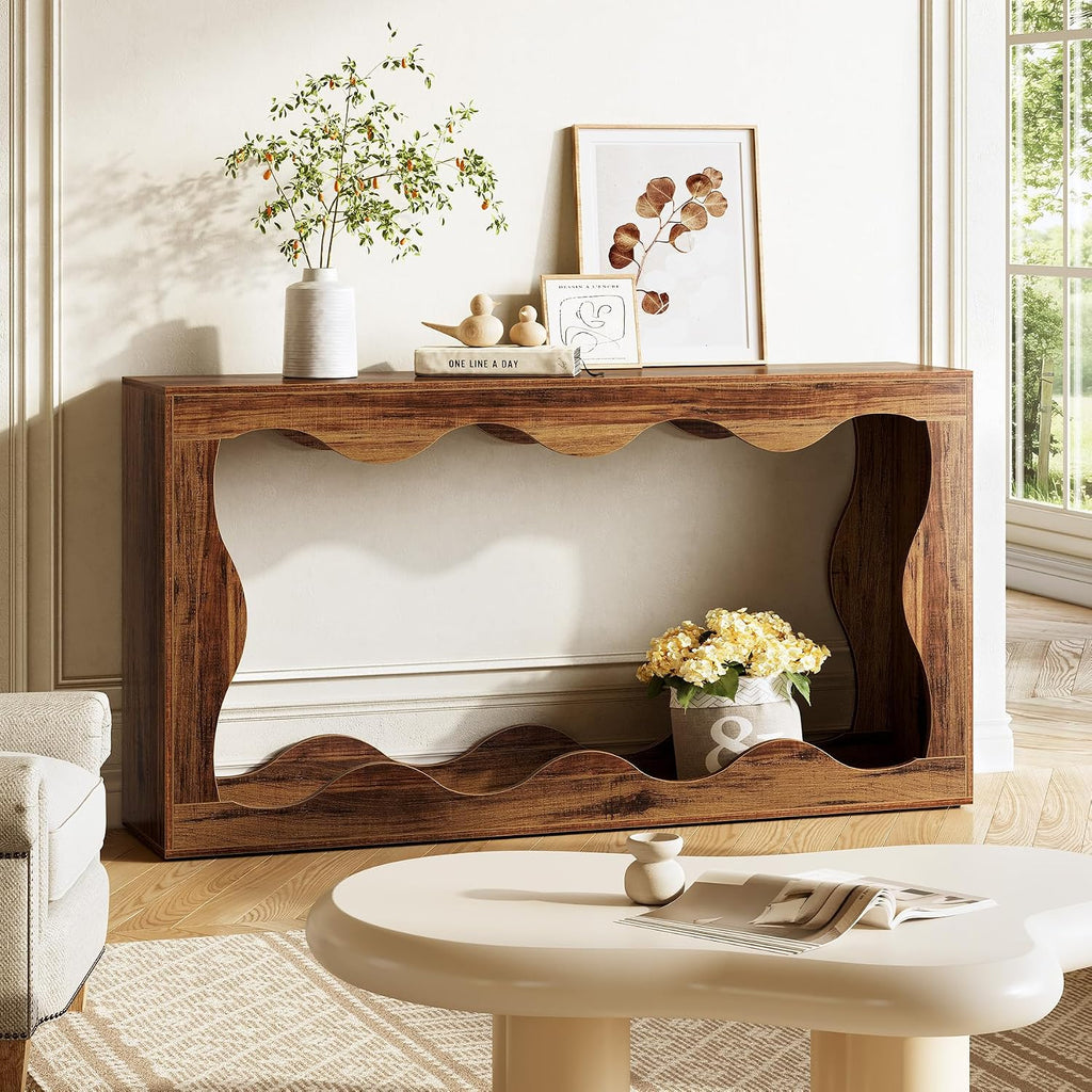 LITTLE TREE 63-Inch Entryway Table, Chic Design, Farmhouse Sofa Table Behind Couch, Scalloped Console Table with Build-in Storage Space for Entryway, Living Room, Hallway