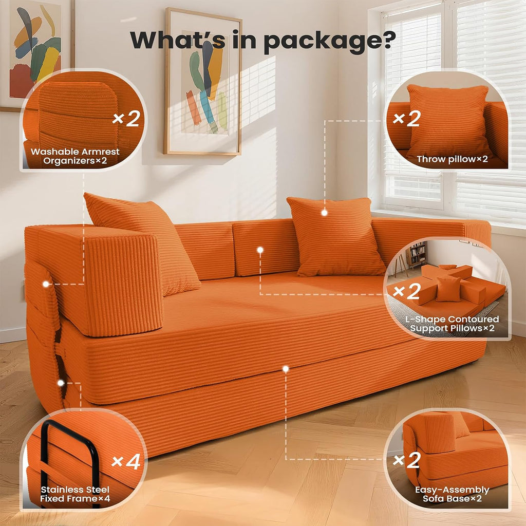 5‑in‑1 Futon Sofa Bed Queen–Floor Foldable Convertible Sofa Couch with L‑Shaped Armrests, Removable Cover, Orange Convertible Guest Bed | Space‑Saving Fold‑Out Mattress Lounge for Living Room/Bedroom