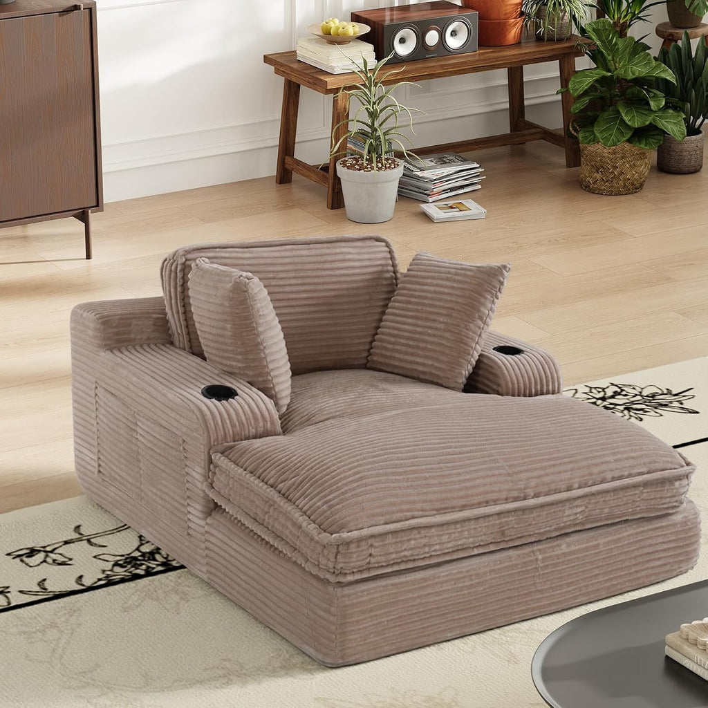 MALOL 67' Chaise Lounge Chair Indoor, Cozy Oversized Fluffy Sofa with Cup Holders & Throw Pillows, Boneless Sleeper Cloud Couch for Living Room, Movie Room and Apartments, Camel