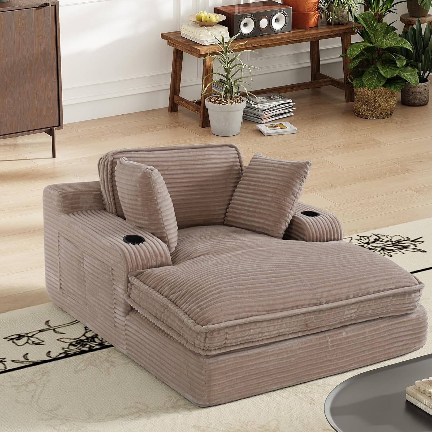 MALOL 67' Chaise Lounge Chair Indoor, Cozy Oversized Fluffy Sofa with Cup Holders & Throw Pillows, Boneless Sleeper Cloud Couch for Living Room, Movie Room and Apartments, Camel
