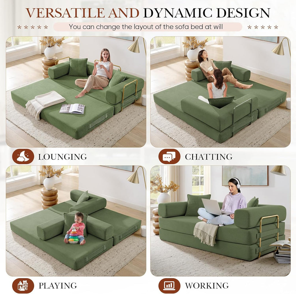 Modular Couch Bed, Convertible Folding Plush Corduroy Comfy Floor Memory Foam Compression Loveseat Sleeper Sofa Couch, King Size Bed for Guest Room Living Room Bedroom, No Assembly, Olive Green