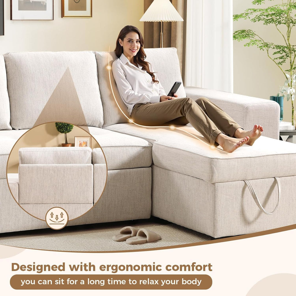 ANJ Chenille Sleeper Sofa Couch with Pullout Bed, 4 in 1 L Shaped Modular Sectional Sofa with Storage Ottoman for Living Room(Beige)