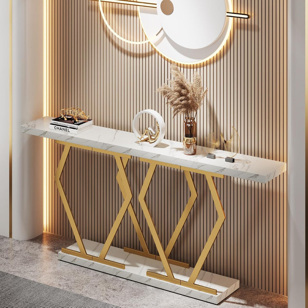 Tribesigns 70.9 Inch Extra Long Sofa Table， White and Gold Console Table with Faux Marble Tabletop, Modern Long Entryway Table with Gold Frame
