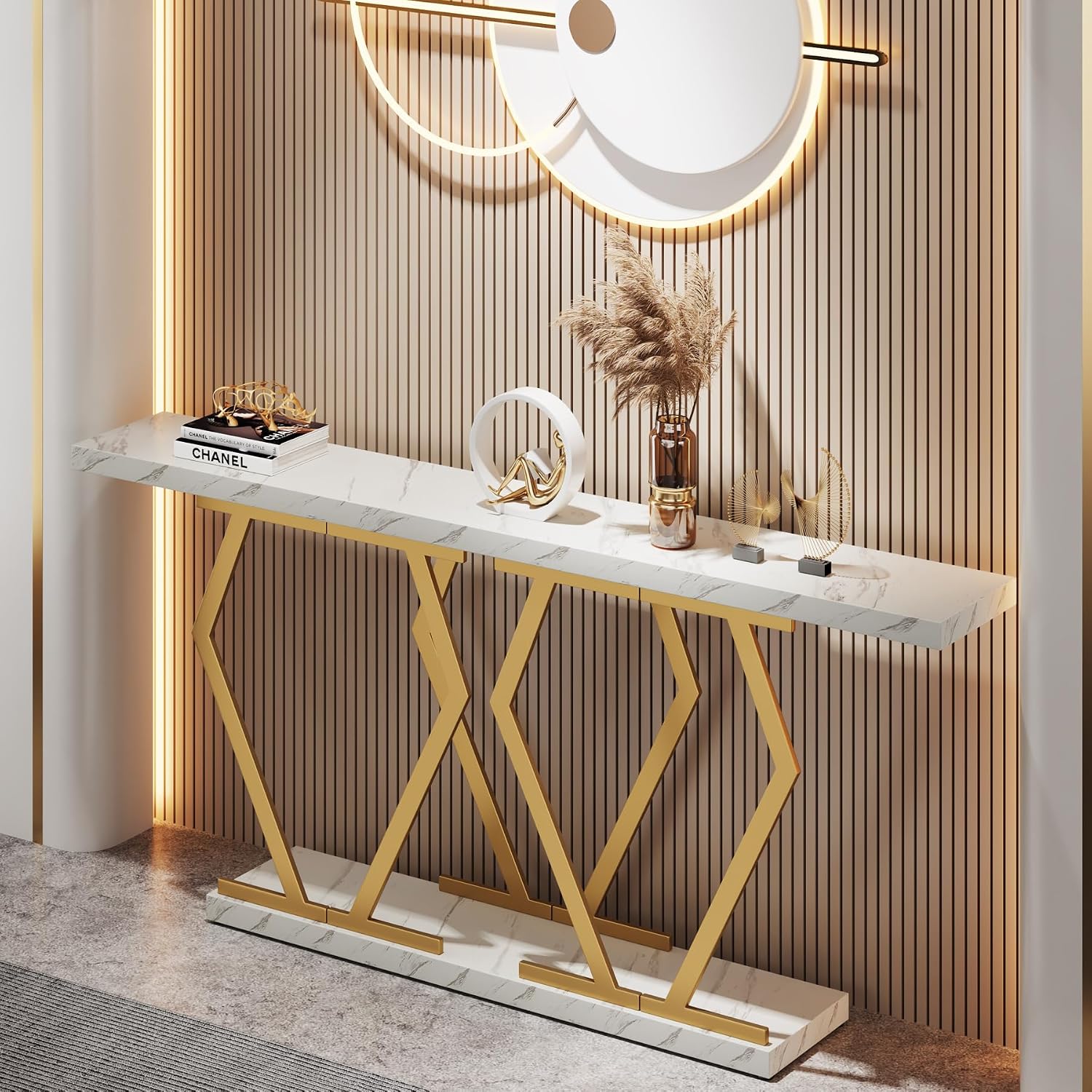 Tribesigns 70.9 Inch Extra Long Sofa Table， White and Gold Console Table with Faux Marble Tabletop, Modern Long Entryway Table with Gold Frame