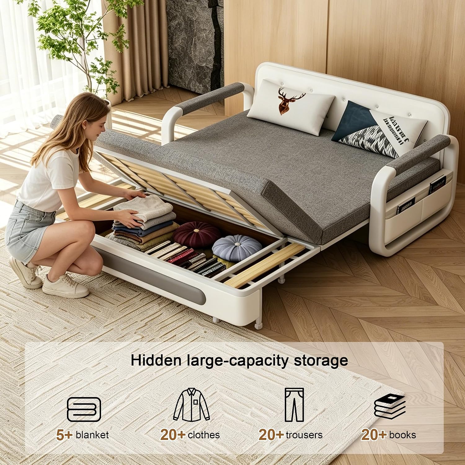 Pull-Out Sofa Daybed with Trundle - Versatile Futon Sleeper Couch for Living Room and Small Spaces (34.6'' D x 50.3'' W x 34.2'' H)- Gray/White Sofa Bed