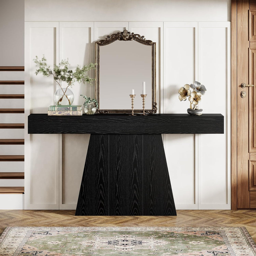 Tribesigns 63' Black Console Table, Farmhouse Entryway Table with Trapezoidal Base, Narrow Long Wood Sofa Table Behind Couch Table for Entrance, Hallway, Living Room, Black