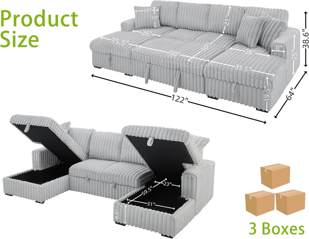 THSUPER 122'' Oversized U Shaped Plush Corduroy Fluffy Sectional Sleeper Sofa with Pull Out Bed and Double Storage Chaise for Living Room - Gray
