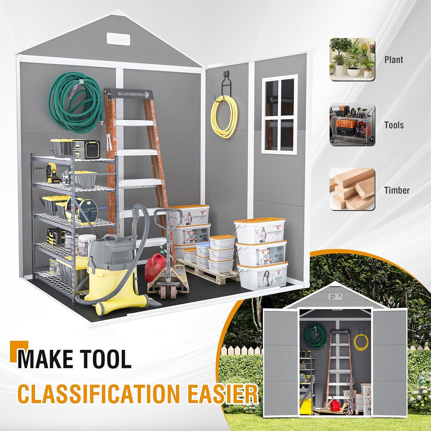 6 x 5 FT Resin Outdoor Storage Shed, Plastic Garden Shed with Floor, Large Storage Space, Lockable Doors & Windows, Plastic Tool Shed, 12mm Thick PP Board (6X5 FT)