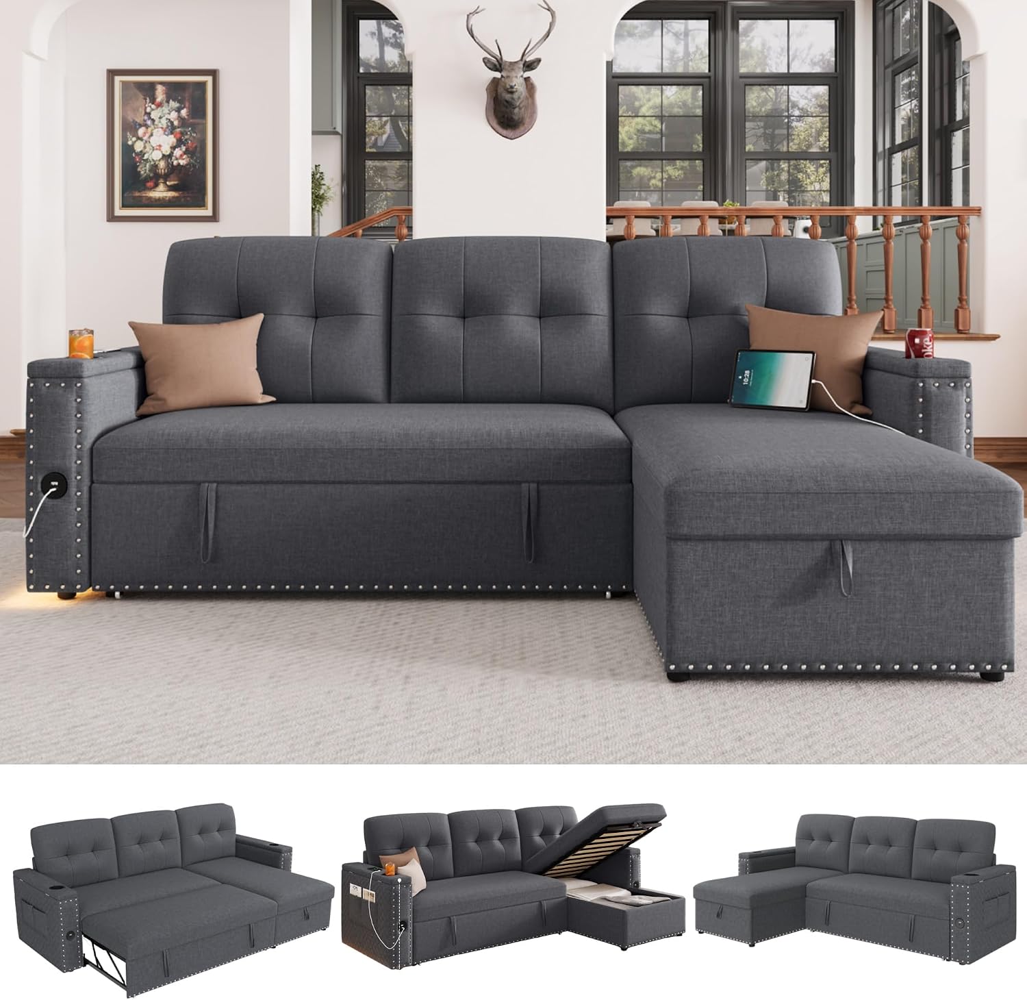 HIFIT Sleeper Sofa Bed- 81' L Shaped Pull Out Couches for Living Room with Storage Chaise, 2 Storage Armrest, LED Light&USB Port&Cupholder, Modern Linen Sectional Home Sofa Living Room Furniture, Grey