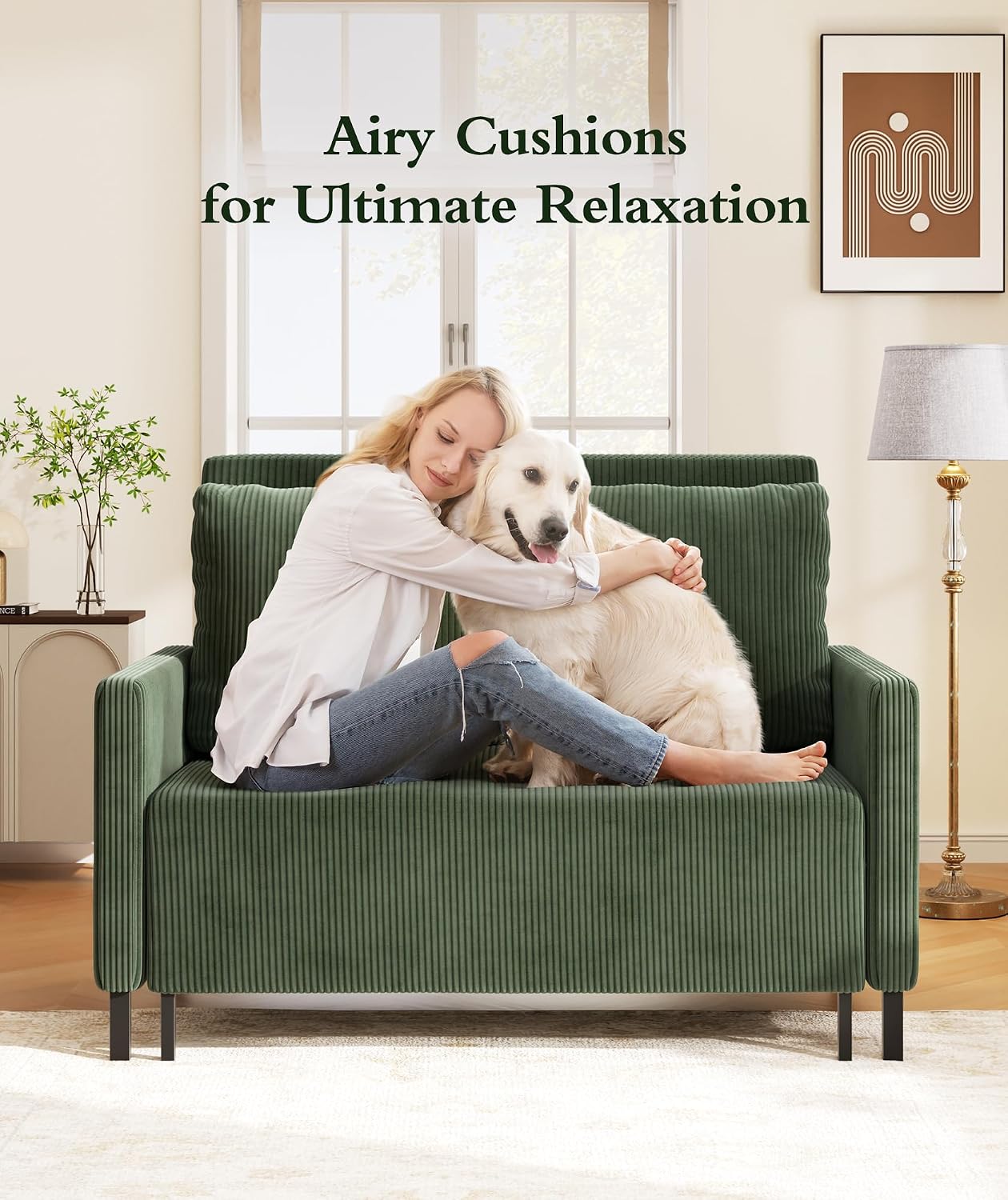 Corduroy Convertible Sofa Bed, 47' Loveseat Sleeper Sofa, Pull out Couch 618lb Capacity, Modern Sleeper Couch Bed 2 Fluffy Pillow Include, Small Couches for Small Spaces/Apartment/Office, Forest Green