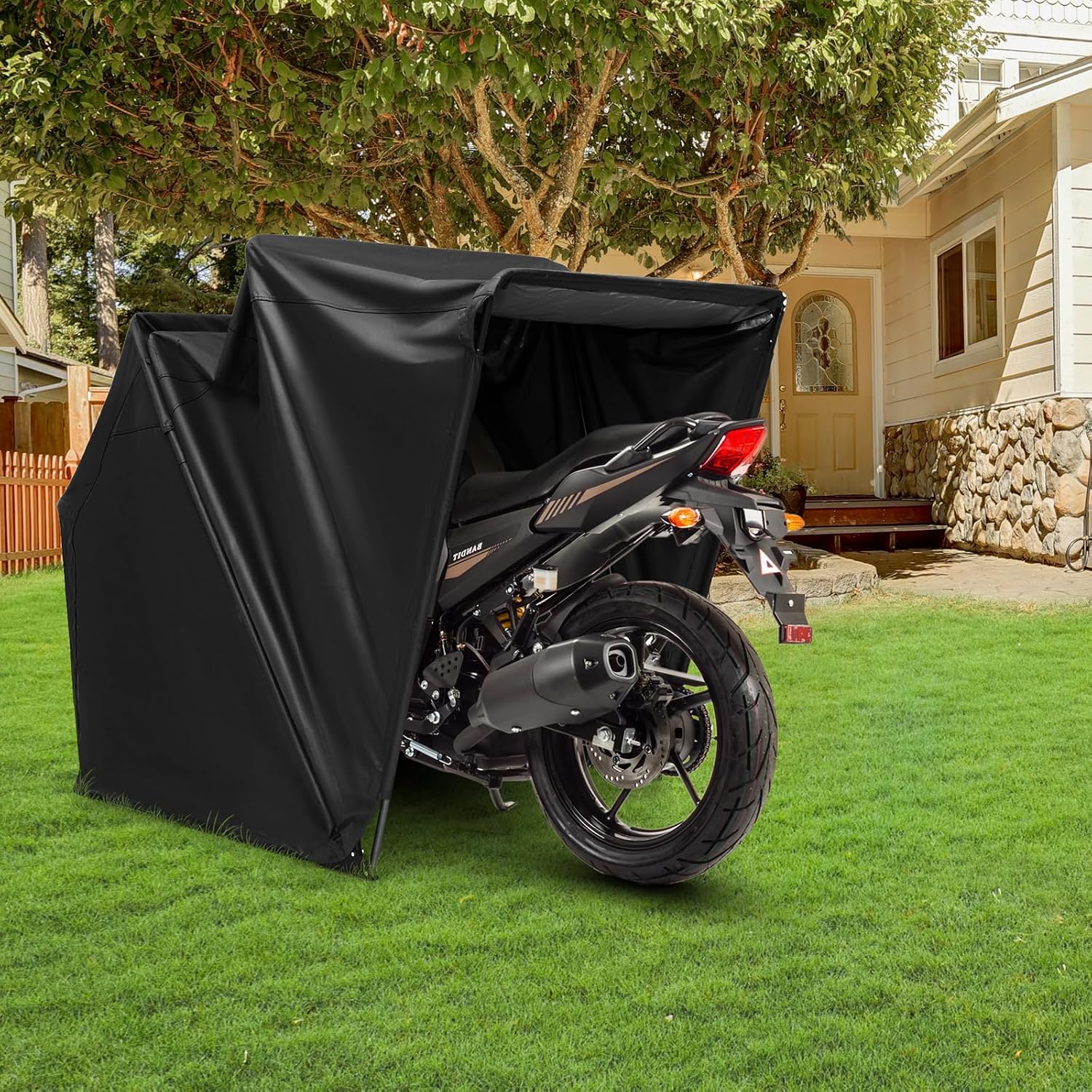 Goplus Motorcycle Shed, Outdoor Motorcycle Storage Shelter with 600D Oxford Fabric Waterproof Cover, 2 Roll-up Side Windows, Expansion Bolts, Heavy Duty Motor Cycle Tent, 136' x 54' x 75'