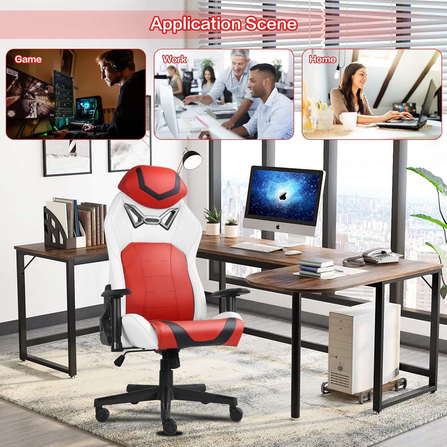 Modern-Depo Ergonomic Gaming Chairs for Adults with High-Density Memory Foam | Swivel Comfortable Office Chair, Big and Tall Video Game Chair, High Back Computer Chair for Home, Office, Red White