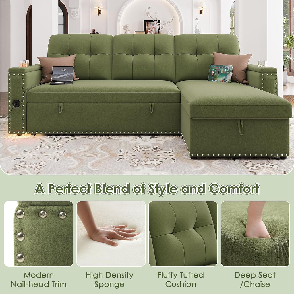 HIFIT Sleeper Sofa Bed- 81' L Shaped Pull Out Couches for Living Room with Storage Chaise, Storage Armrest, LED Light&USB Port&Cupholder, Modern Velvet Sectional Home Sofa Living Room Furniture, Green