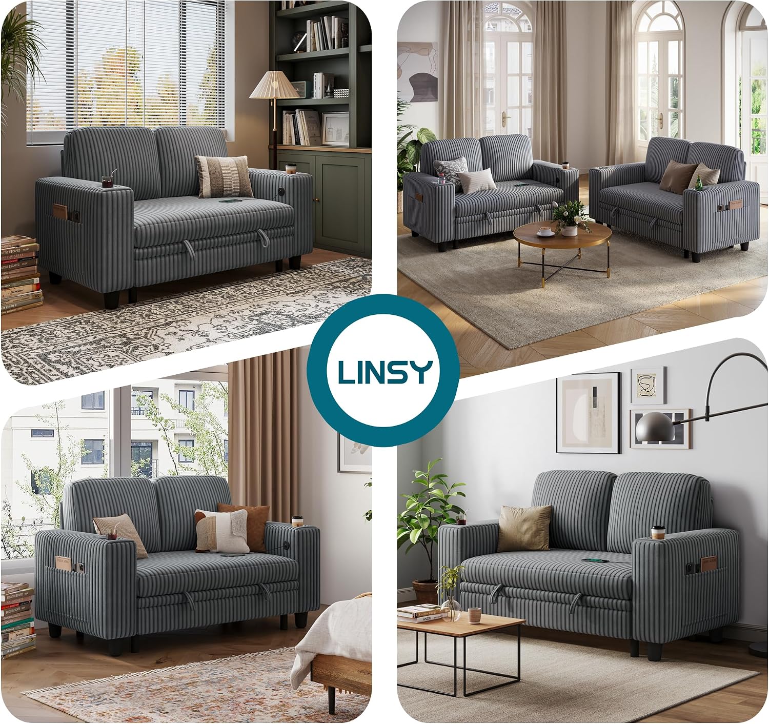 LINSY HOME Pull Out Loveseat Sofa Sectional Sleeper Sofa, Plush Corduroy Love Seat Couch Pullout Modular Sectional Couches for Living Room Apartment Bedroom (Grey)