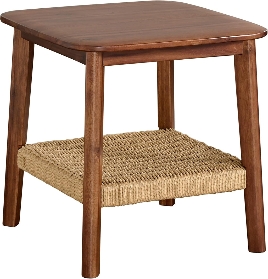 Alaterre Furniture Calais 2-Tier Solid Wood End Table with Woven Storage Shelf – Mid Century Modern Nightstand or Side Table for Living Room, or Bedroom (Chestnut)