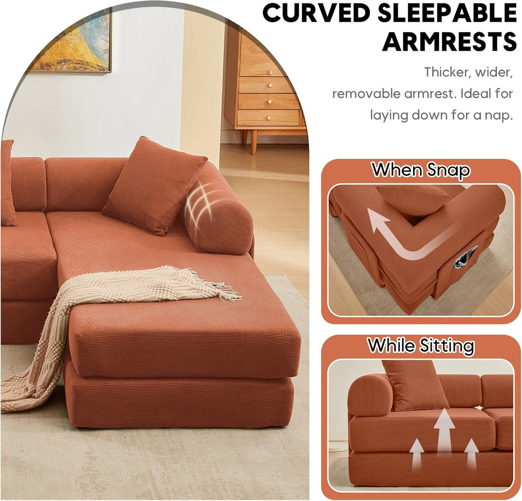 L Shaped Modular Sofa Bed with Cylindrical Pillow & Reversible Chaise, Corduroy Folding Floor Convertible Sofa Couch Bed with Fixed-Shape Frame & Storage Pocket for Living Room, Orange