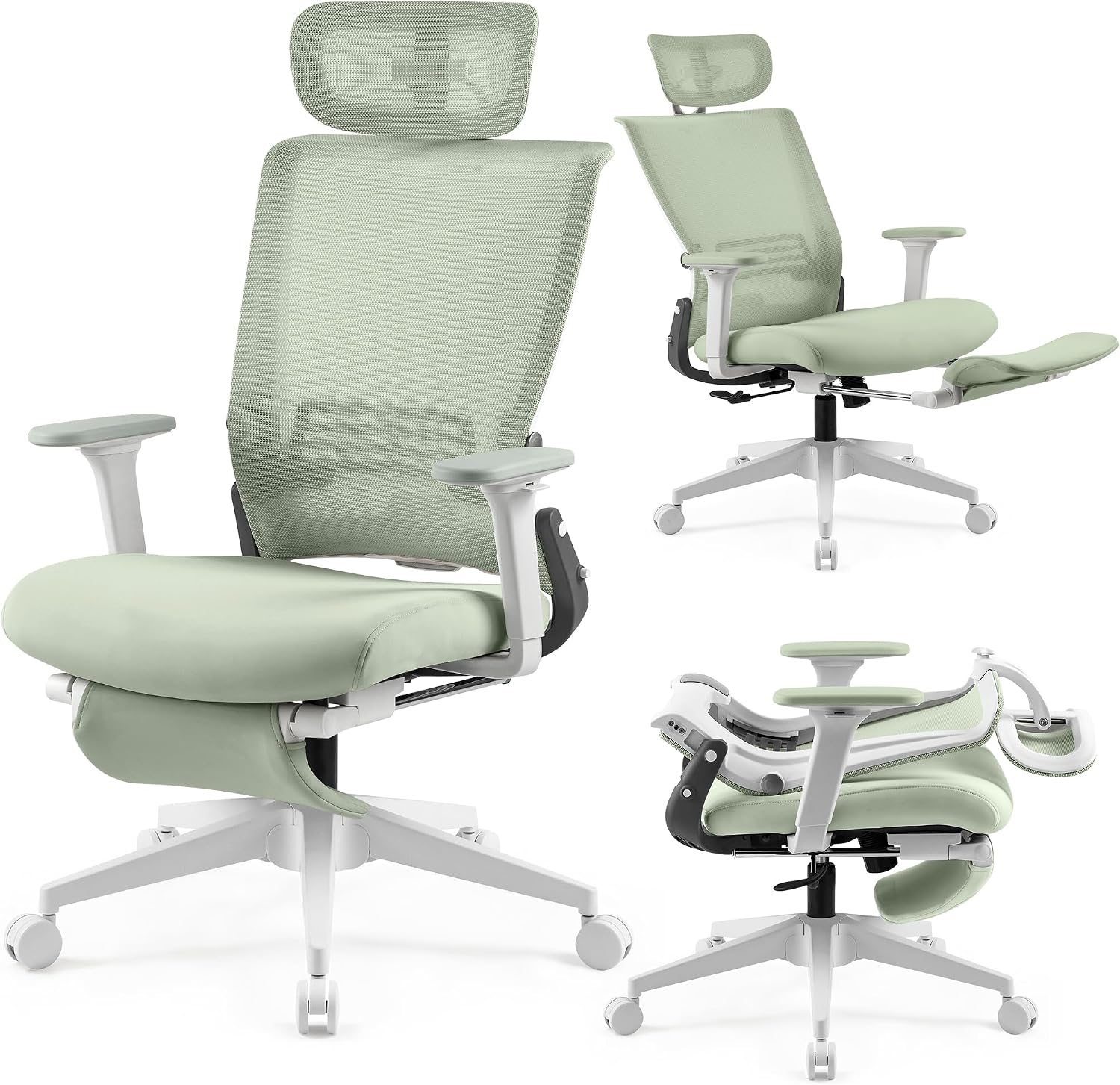 Foldable Office Chair with Foot Rest, Ergonomic Office Chair with Adjustable Lumbar Support, Headrest, Armrest, Home Office Desk Chair for Space Saving, Work from Home, Green