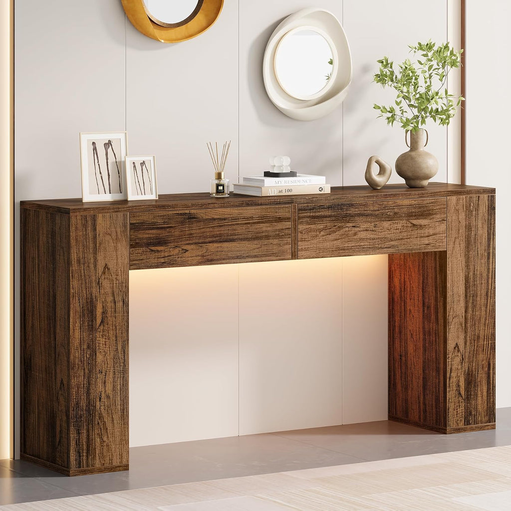 Farmhouse Console Table with LED Light and 2 Drawers, 55 inch Long Sofa Table Behind Couch, Narrow Entry Table for Entryway, Hallway, Entrance, Living Room (Rustic Brown)