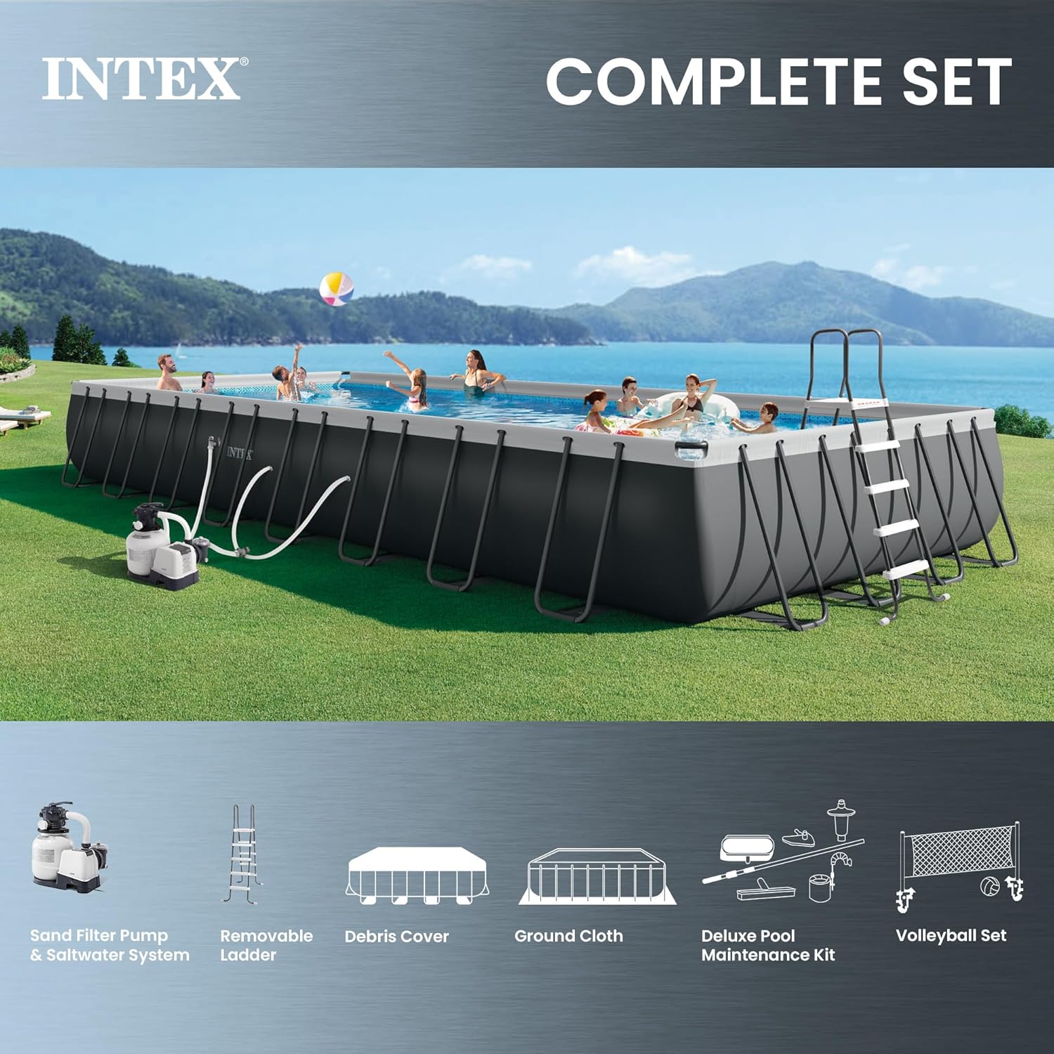 INTEX 26377EH Ultra XTR 32ft x 16ft x 52in Above Ground Swimming Pool Set with Sand Filter Pump, Inflatable Lounge Pool Recliners (2-Pack) and Inflatable Cooler