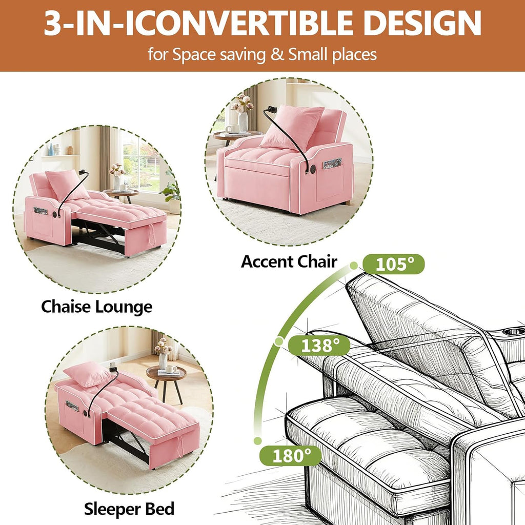 Majnesvon Modern Velvet Fabric Sofa Bed Futon,3 in 1 Convertible Pullout Bed Couches with 3 Reclining Backrests,Phone Stand,Small Sofa Single Sleeper Chair Bed for Living Room Bedroom (Pink)