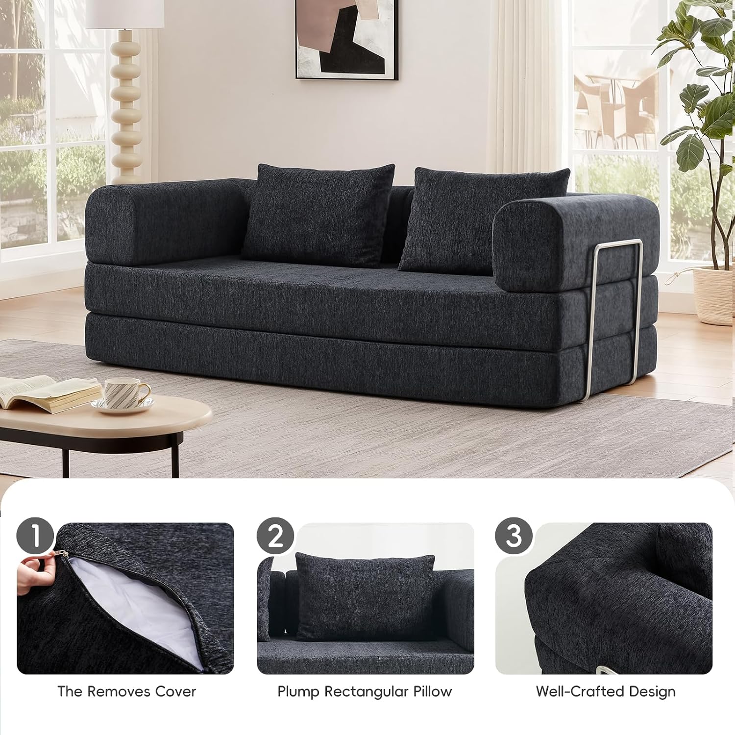 5-in-1 Convertible Folding Sofa Bed, 79' Queen Chenille Boneless Couch with Removable Armrests, No Assembly Loveseat Sleeper Sofa, Modular Futon Couch for Living Room & Bedroom (Black)
