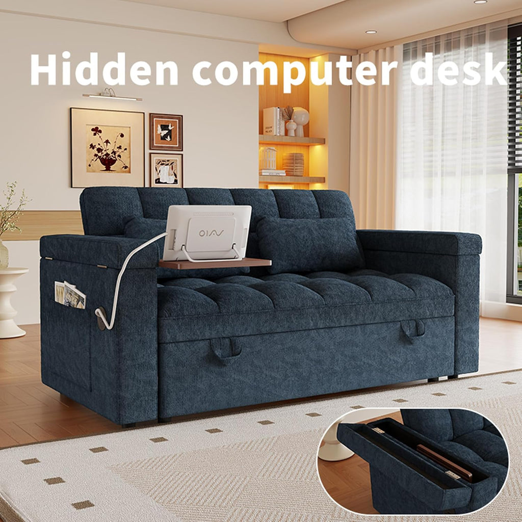 3 in 1 Convertible Sleeper Sofa, 65in Sleeper Couch with Pull Out Bed, Oversized Loveseat Futon Sofa Hide-A-Bed w/Adjustable Backrest, Storage Armrests and Laptop Table for Living Room, Blue | Sleeper Sofa, Pullout Couch Bed, Small Places